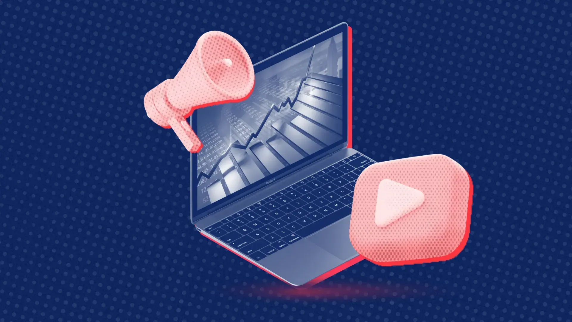 A laptop with a graph on the screen , a megaphone , and a play button.