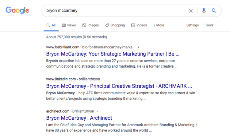 A screenshot of a google search for bryon mccartney