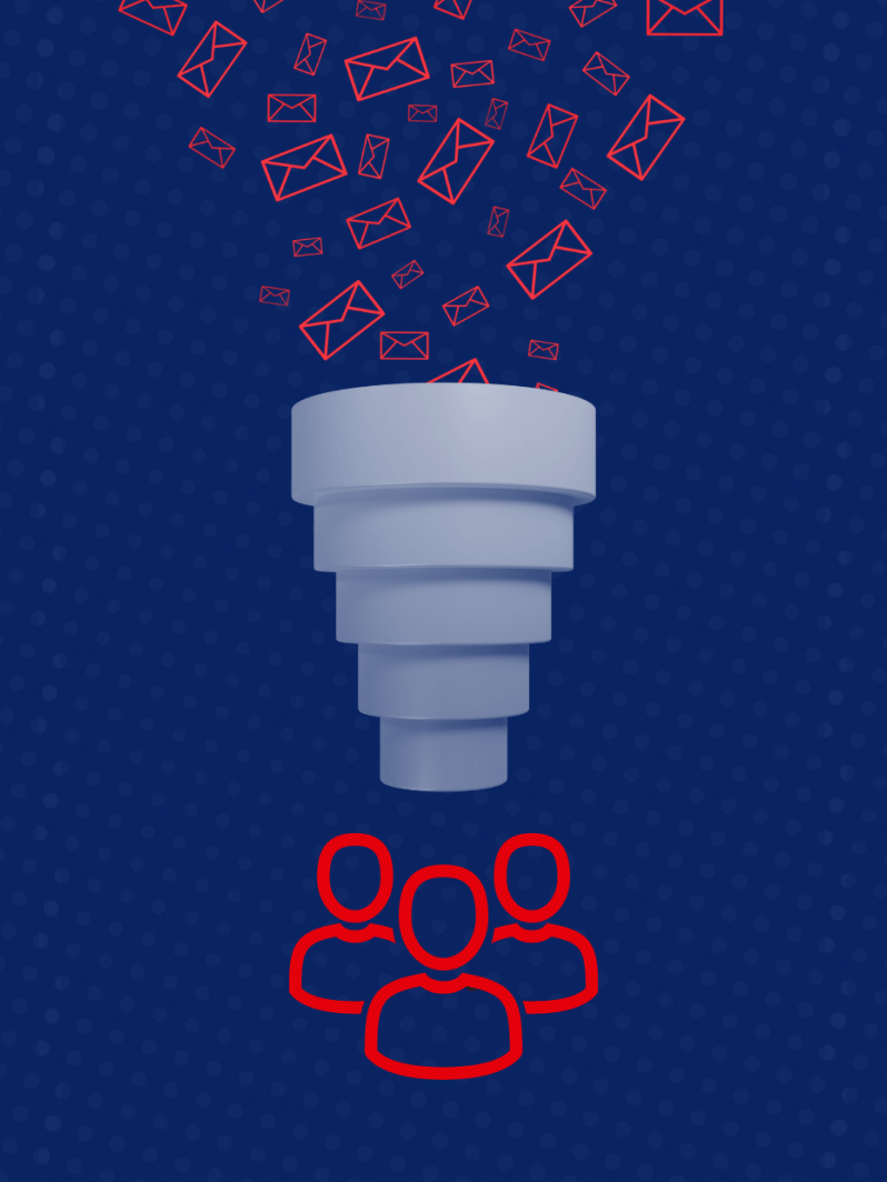 A funnel with envelopes coming out of it and a group of people coming out of it.