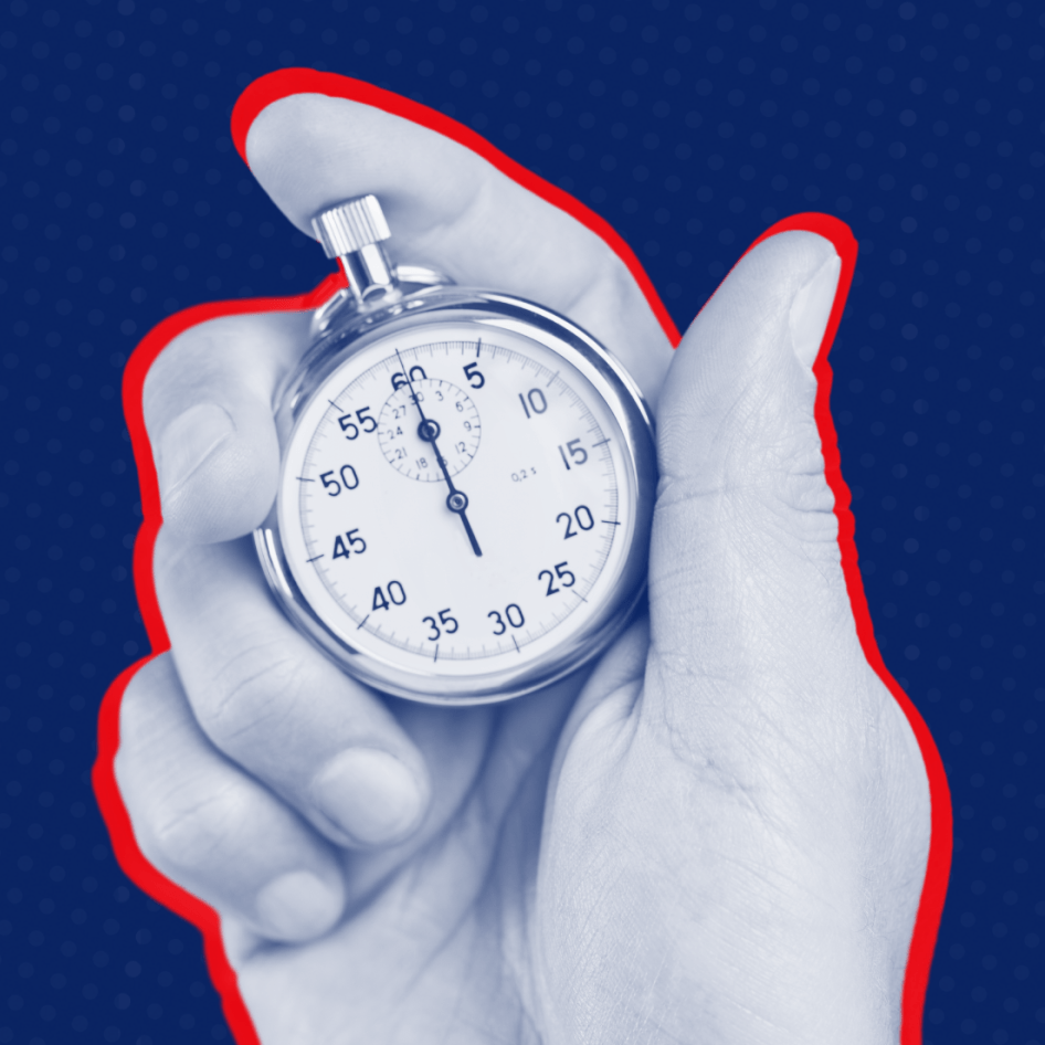 a hand is holding a stopwatch with the hands on the number 10 and 5