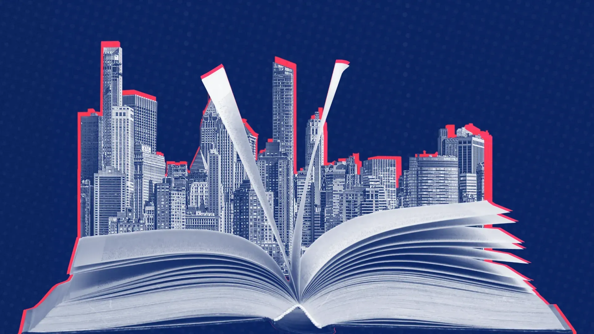 An open book with a city skyline on it