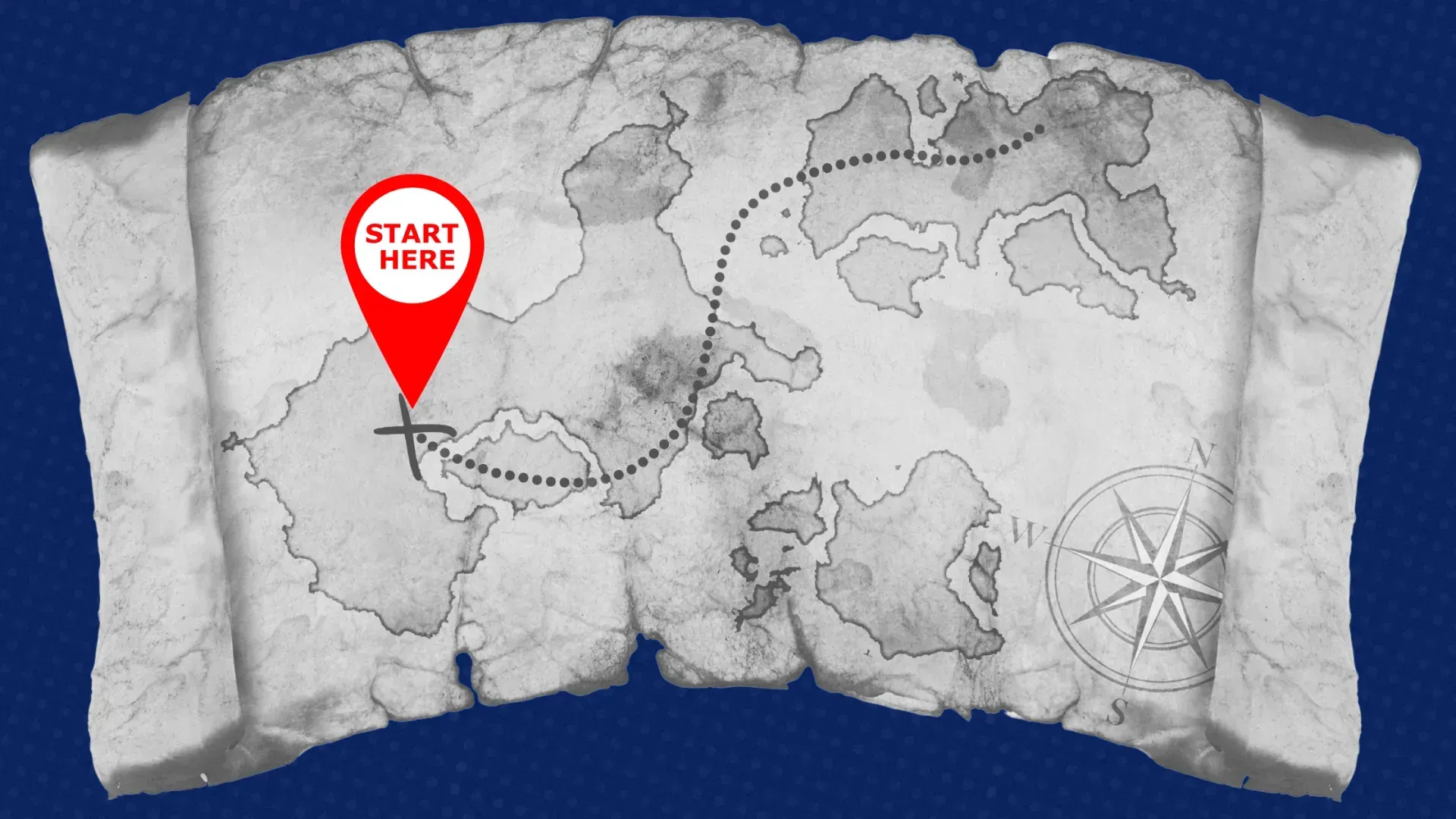 A map with a red pin that says start here