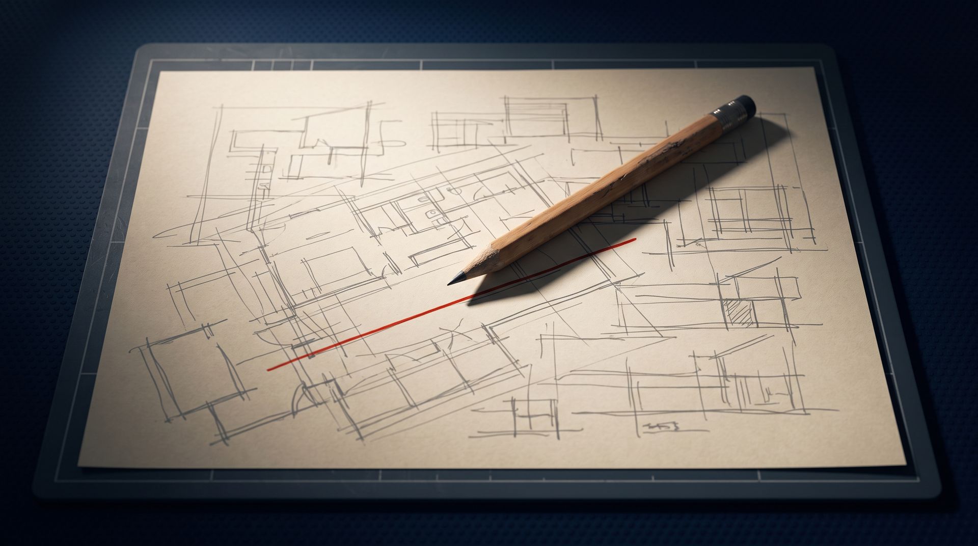 A cinematic 3D pencil resting on trace paper covered in grey sketch lines with one line drawn in bold red, in a dark navy hex-dot environment, representing the same story retold as client evidence rather than personal identity.