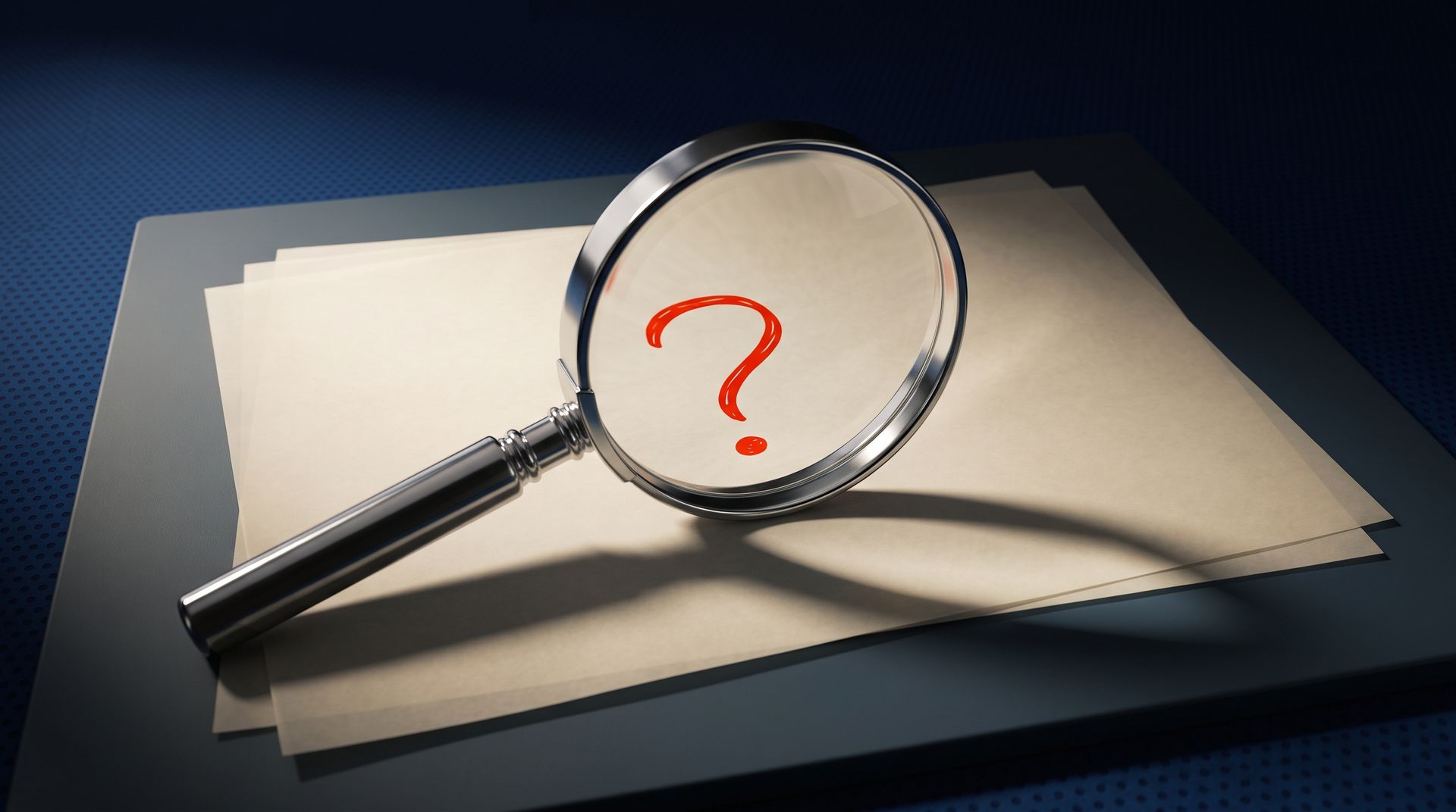 A cinematic 3D magnifying glass on trace paper enlarging a single hand-drawn red question mark, in a dark navy hex-dot environment, representing a three-question audit of an architecture firm's marketing content.