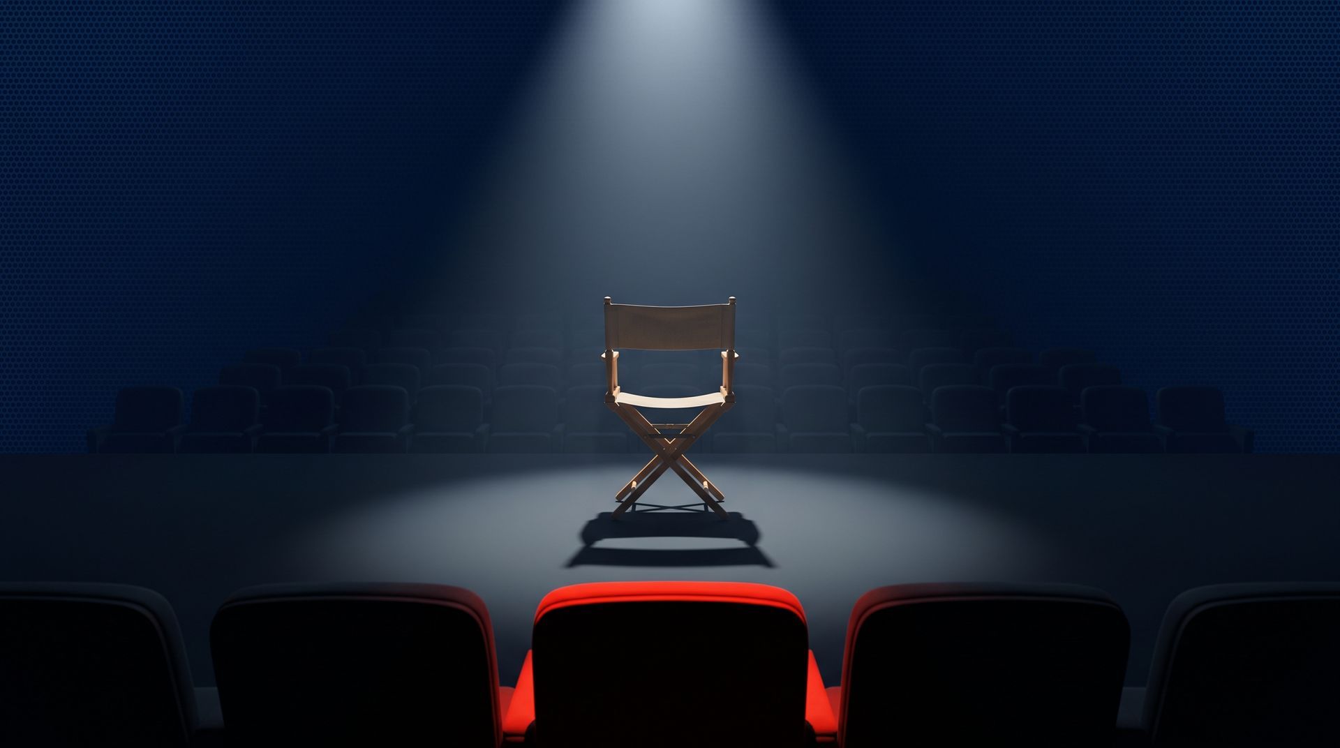 A cinematic 3D director's chair spotlit on a stage facing away from a single red theater seat in the dark, in a dark navy hex-dot environment, illustrating a firm that casts itself as the hero instead of the client.