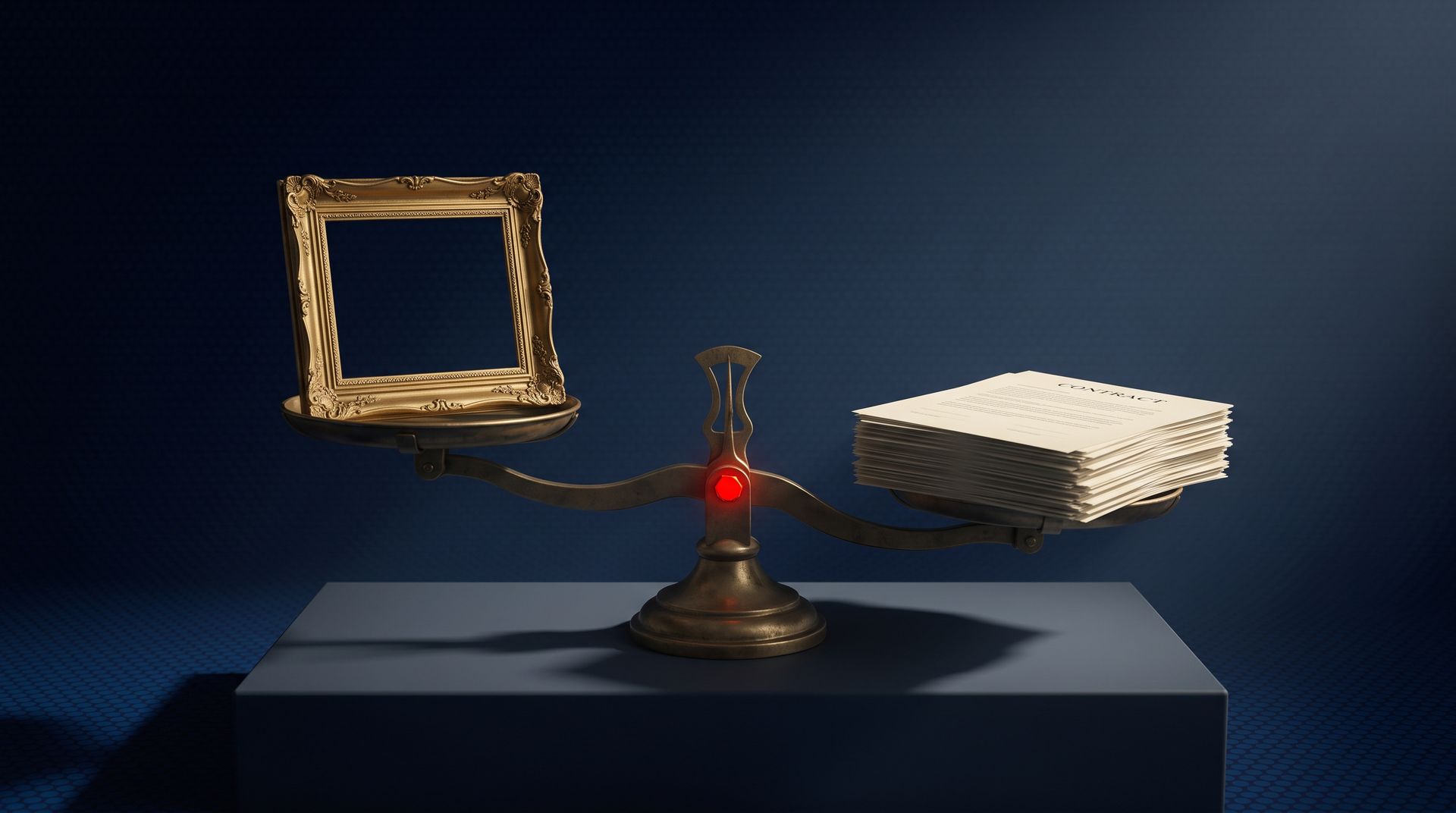 A cinematic 3D brass balance scale weighing an ornate picture frame against a stack of documents, tipping toward the documents, with a red pivot bolt, in a dark navy hex-dot environment, representing the difference between selling taste and selling solutions.