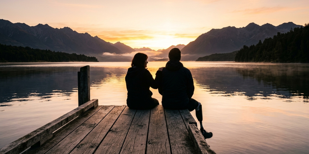 Two people sit on a dock at sunset, facing a calm lake and mountain silhouettes.