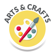 A paint palette with a brush on a yellow circular background, with the words 