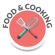 A circular logo with a coral-pink background featuring a crossed spatula and whisk, with 