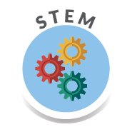 STEM logo with three colorful gears inside a blue circle