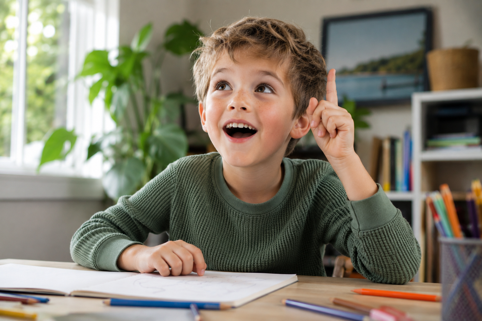 Smiling child at a desk with an open notebook, looking up in a bright home office