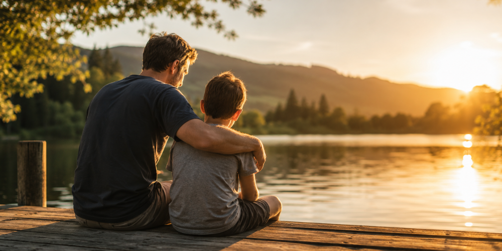 Father and son sitting together by a New Zealand lake, representing positive masculinity, fatherhood