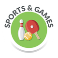A green circular logo featuring a white bowling pin, a yellow tennis ball, and a red table tennis paddle.