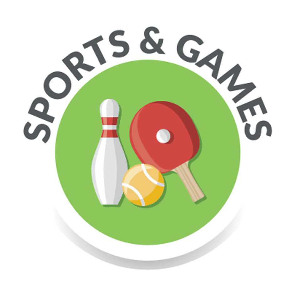 A green circular logo featuring a white bowling pin, a yellow tennis ball, and a red table tennis paddle.