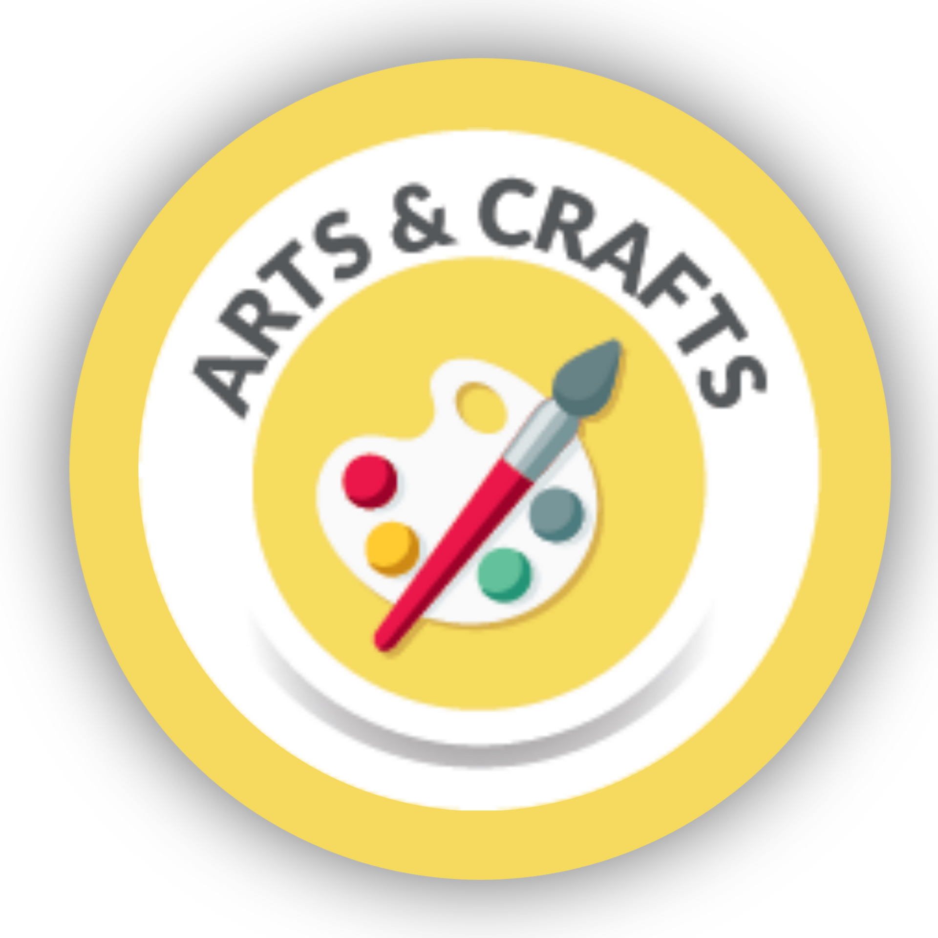 Arts & Crafts logo with paint palette, brush, and yellow circular border
