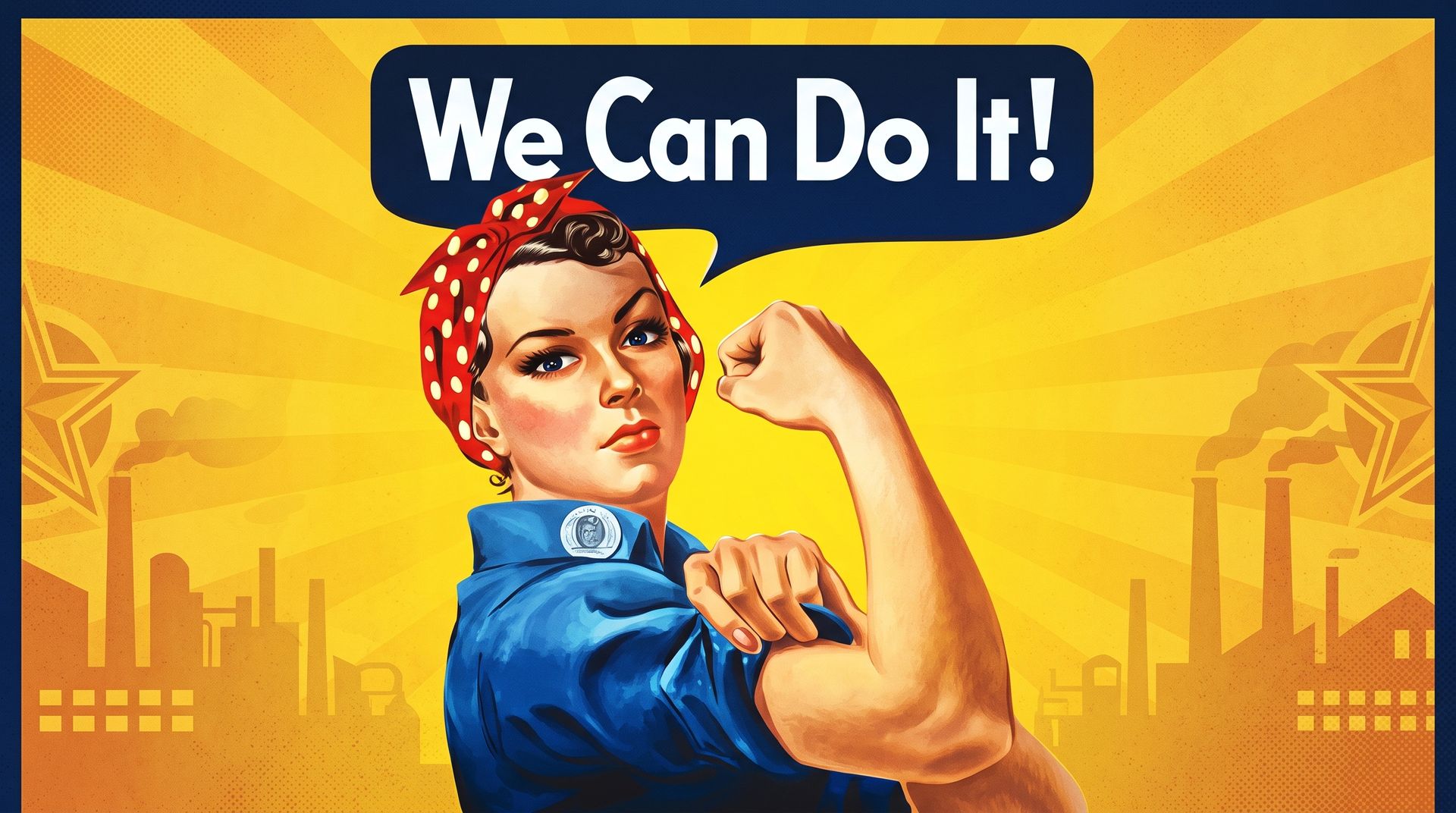 Poster with a woman in a red polka-dot headscarf flexing her arm beside the text “We Can Do It!”
