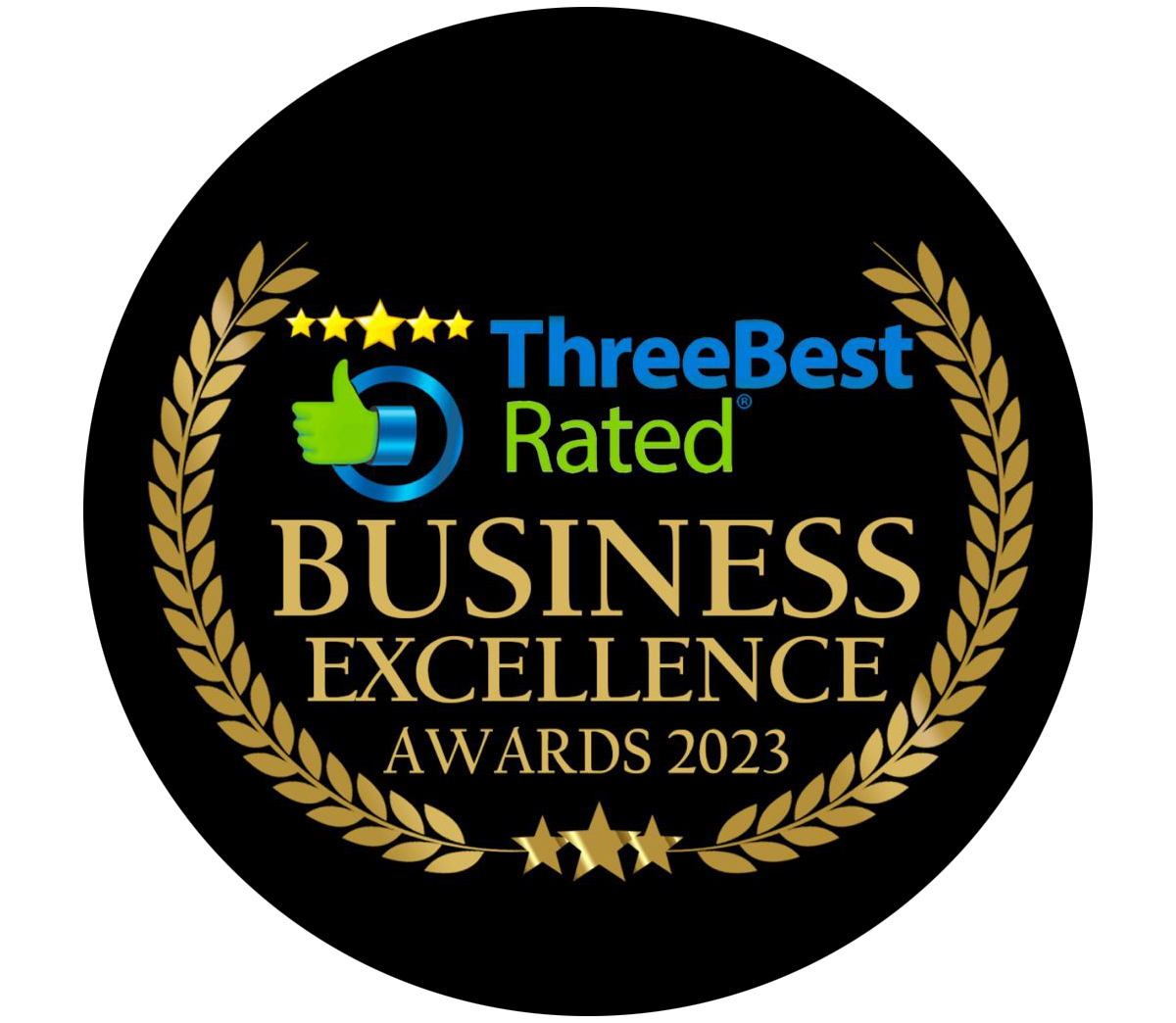 A badge that says three best rated business excellence awards 2023