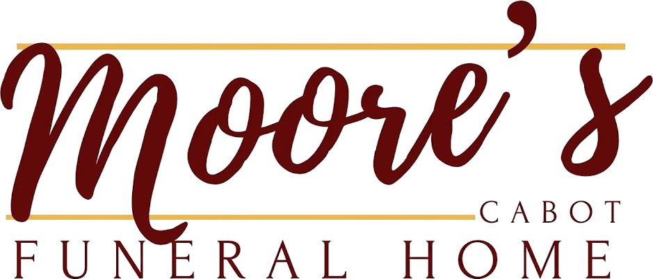 Moore’s Cabot Funeral Home logo in burgundy and gold text