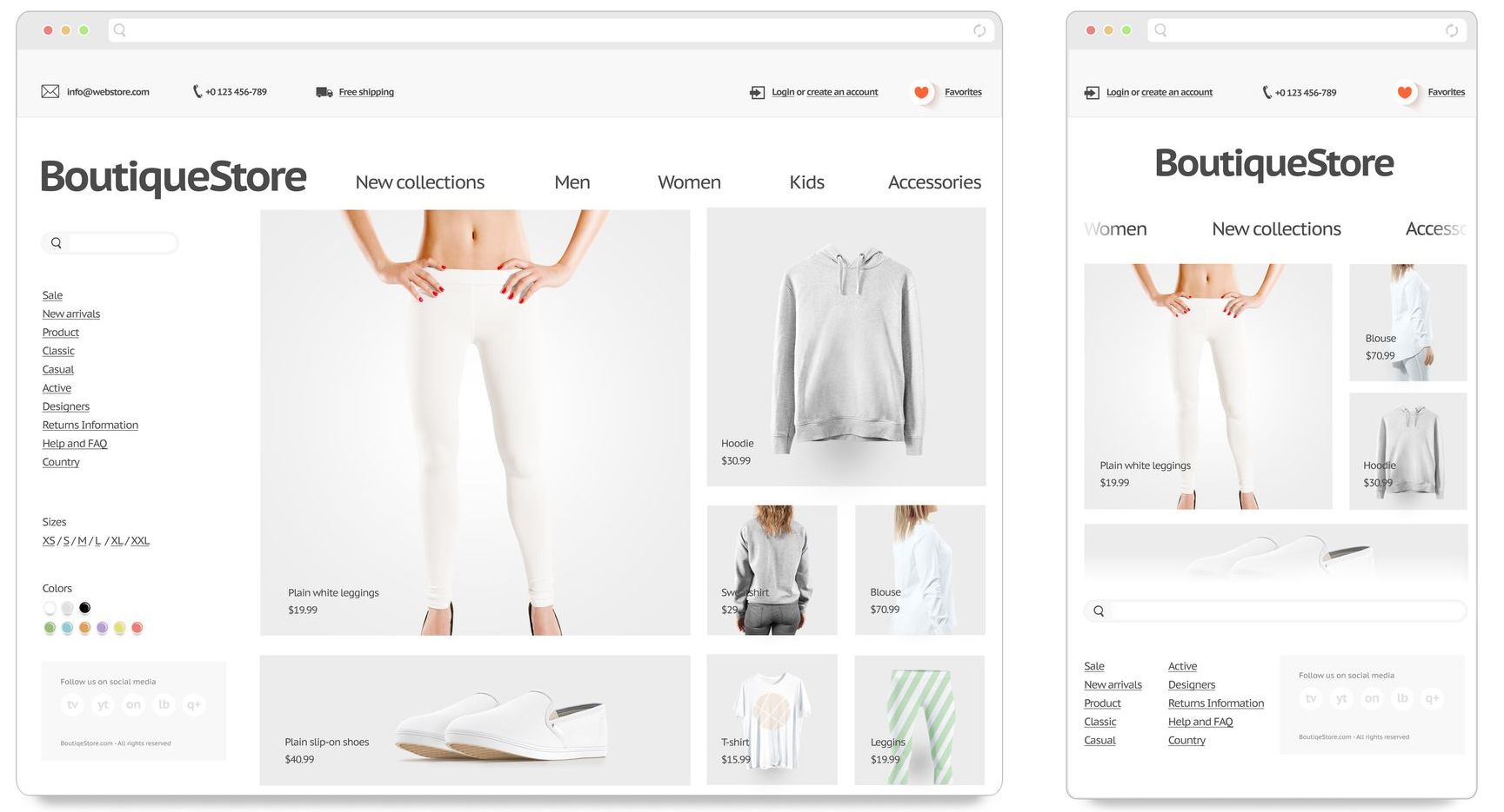 A woman is standing in front of a boutique store website.