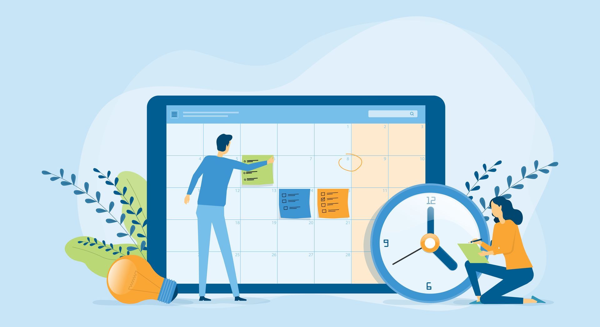 Two people planning on a large calendar board beside an oversized clock in a light blue office scene