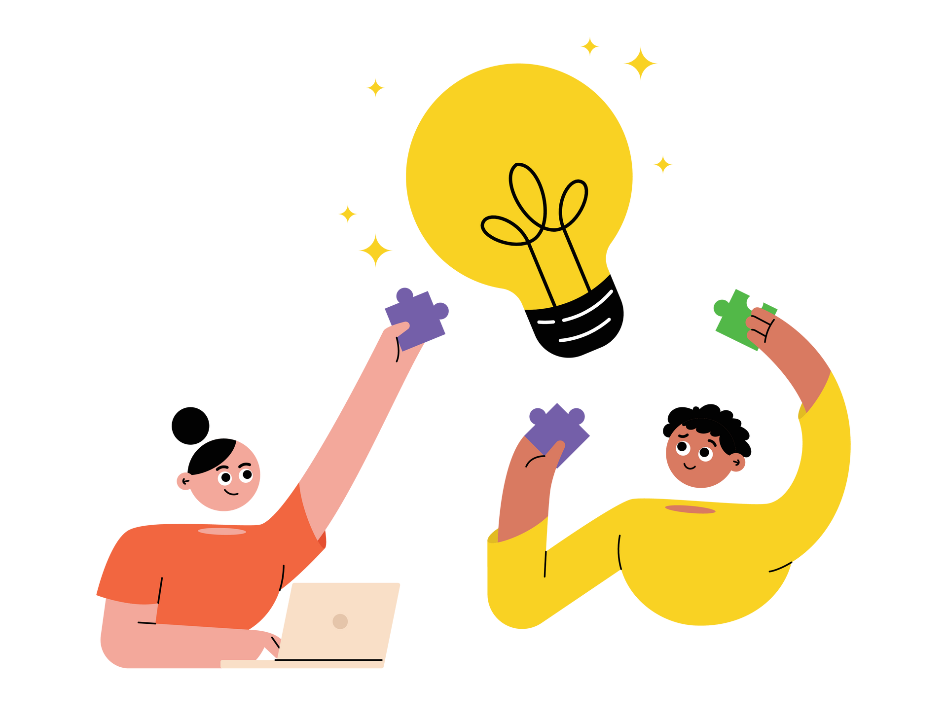 A man and a woman are holding puzzle pieces in front of a light bulb.
