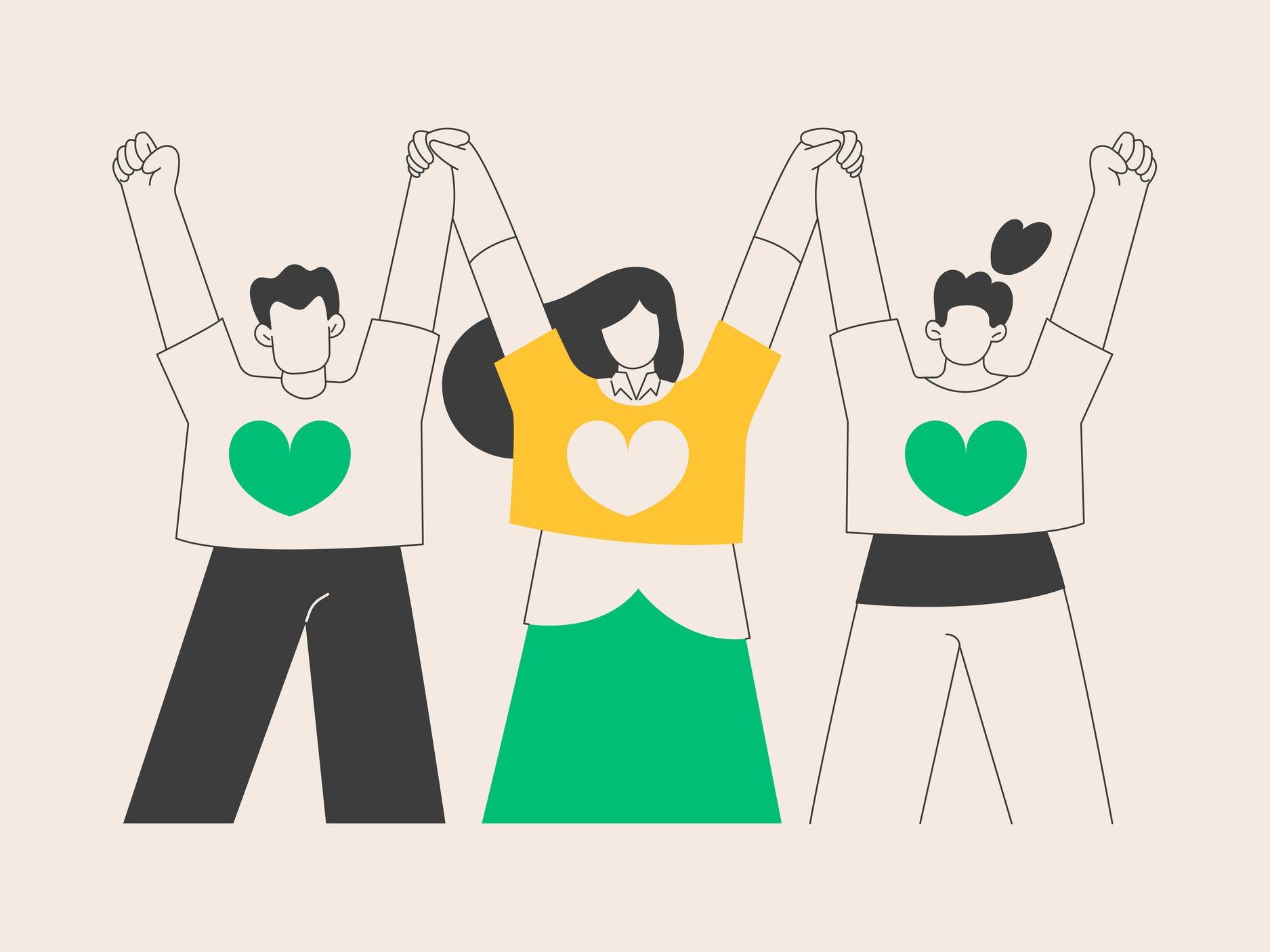 A group of people holding hands with hearts on their shirts.