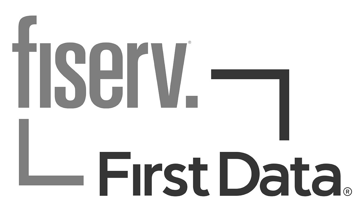 A black and white logo for fiserv first data.