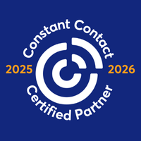A constant contact certified partner logo on a blue and orange background.