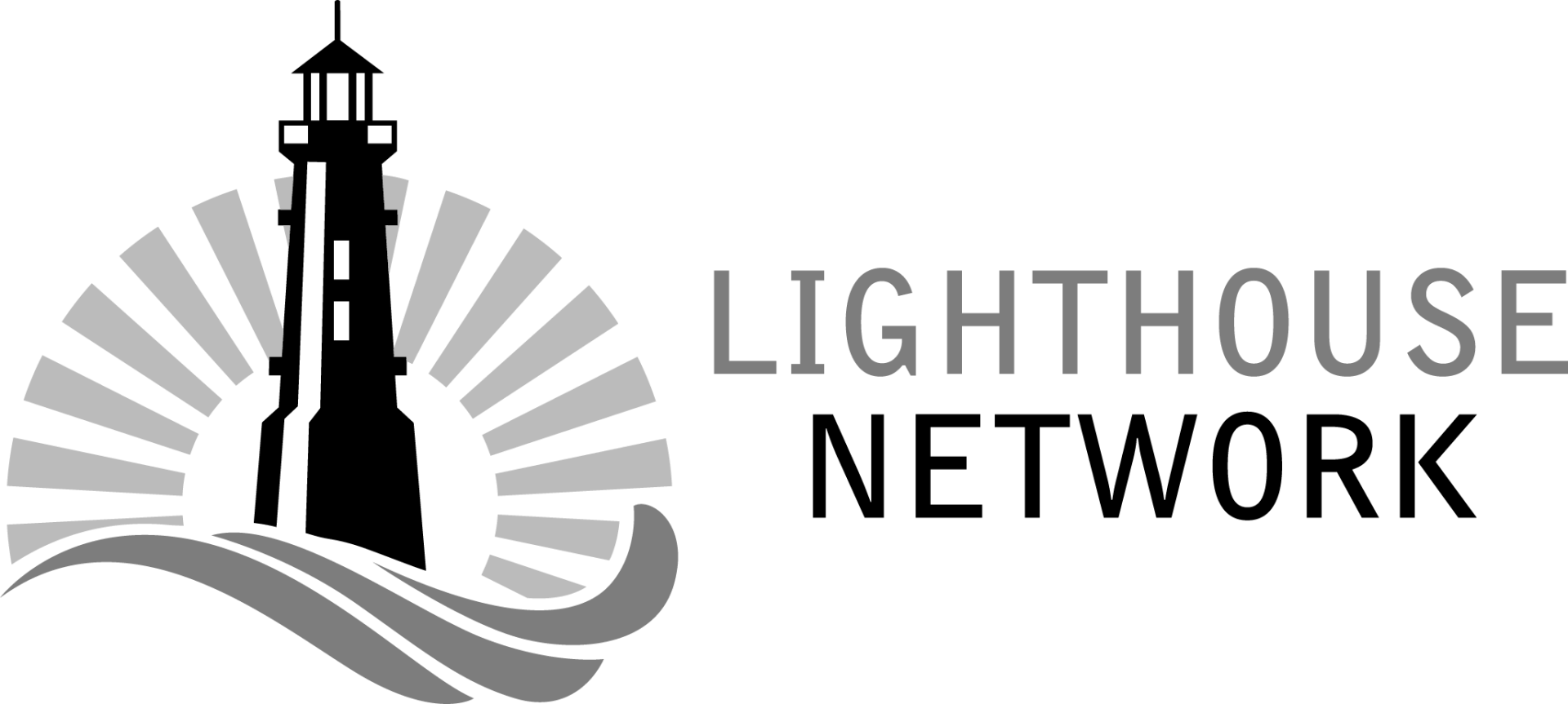 A black and white logo for a lighthouse network with a lighthouse and waves.