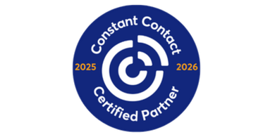 Blue circular “Constant Contact Certified Partner” badge with 2025 and 2026 text