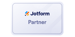 Jotform Partner badge with blue and orange logo on a light gray rounded card