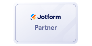 Jotform Partner badge with blue and orange logo on a light gray rounded card