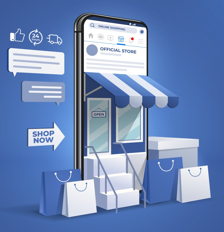 A cell phone with a store front on it and shopping bags.