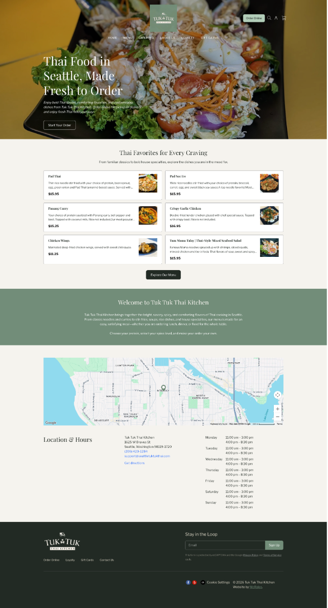 Restaurant homepage with food hero image, menu listings, map, and contact details