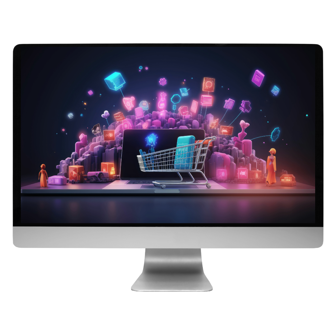 A computer monitor with a shopping cart on the screen.