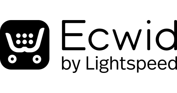 A black and white logo for ecwid by lightspeed with a shopping cart icon.