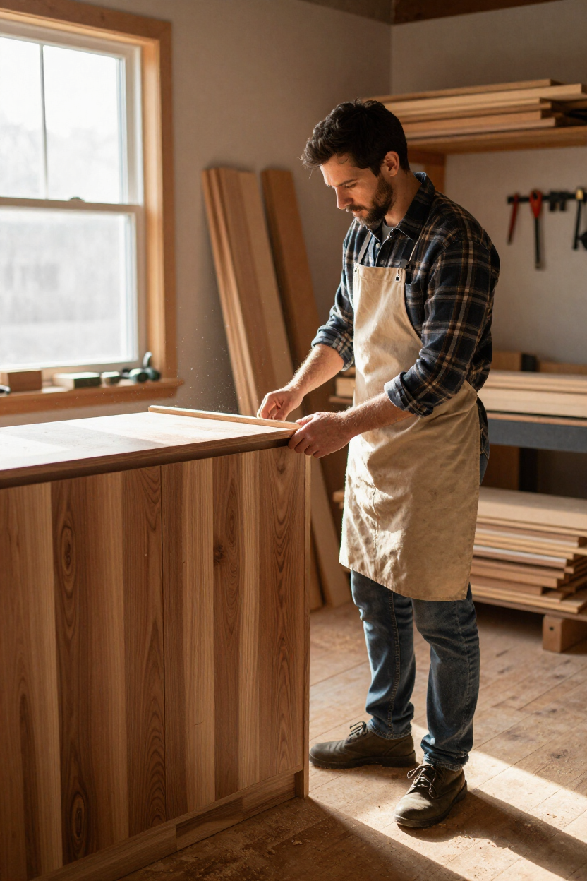 Matt Ball, founder of Cabinetry For Cats, inspecting joinery detail in his Geelong workshop.