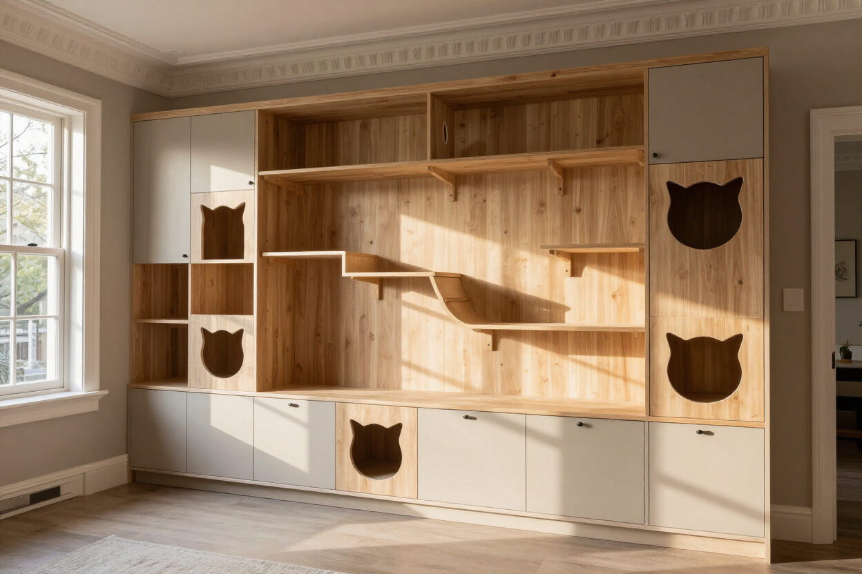 Custom built-in cat cabinetry installed by Cabinetry For Cats in a Geelong home — warm timber finish, natural light.