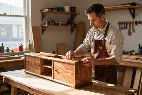 Matt Ball, founder of Cabinetry For Cats, reviewing a custom cat cabinetry installation in his Geelong workshop.