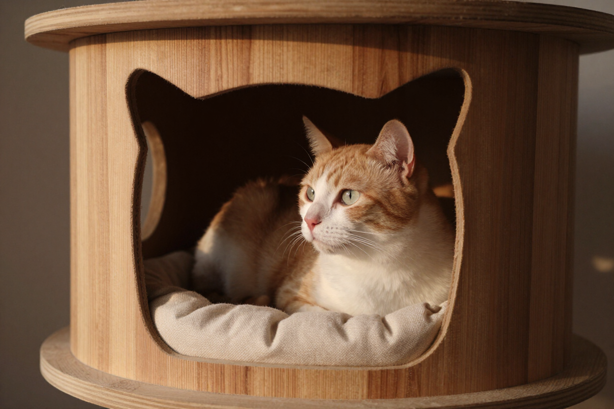 Interior detail of a custom cat observatory with timber viewing window and padded platform in a Geelong home