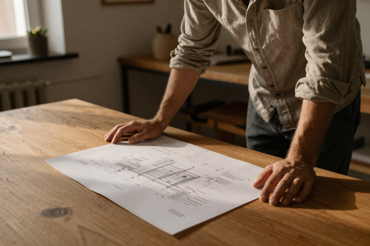 Cabinetry For Cats founder reviewing a custom cat cabinetry design plan during a Geelong home consultation.