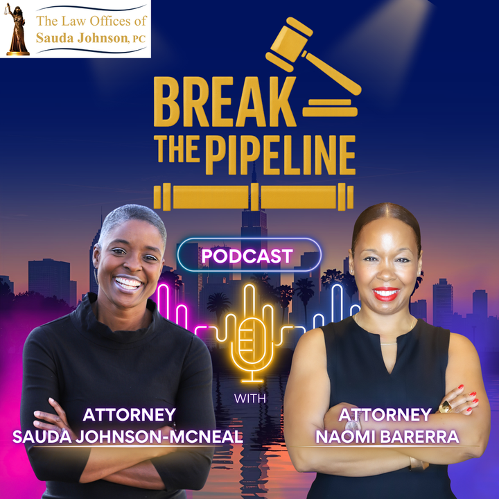Podcast cover for “Break the Pipeline” with two attorneys on a blue cityscape background and neon mic graphic Podcast cover for “Break the Pipeline” with two attorneys on a blue cityscape background and neon mic graphic