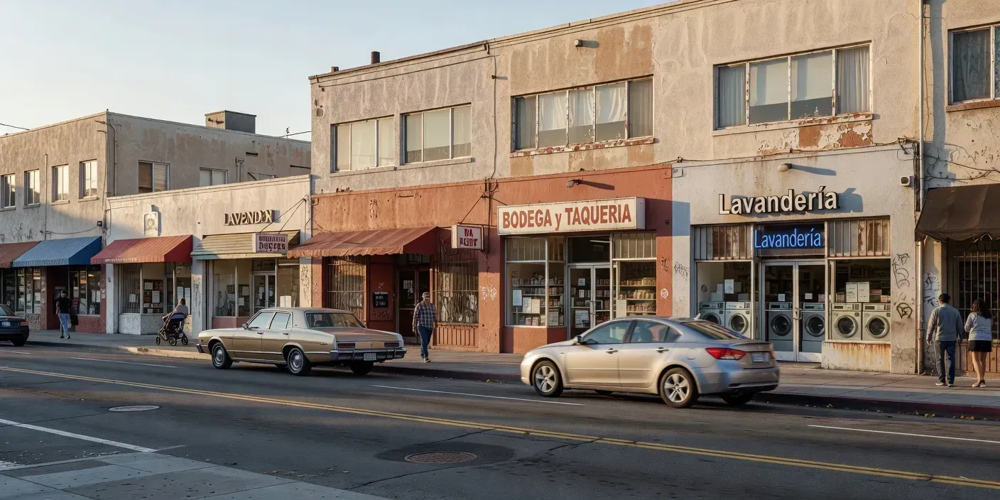 Afternoon exterior of a small East Los Angeles CA mixed-use block with ground-floor storefronts and upper residential windows facing a busy local street