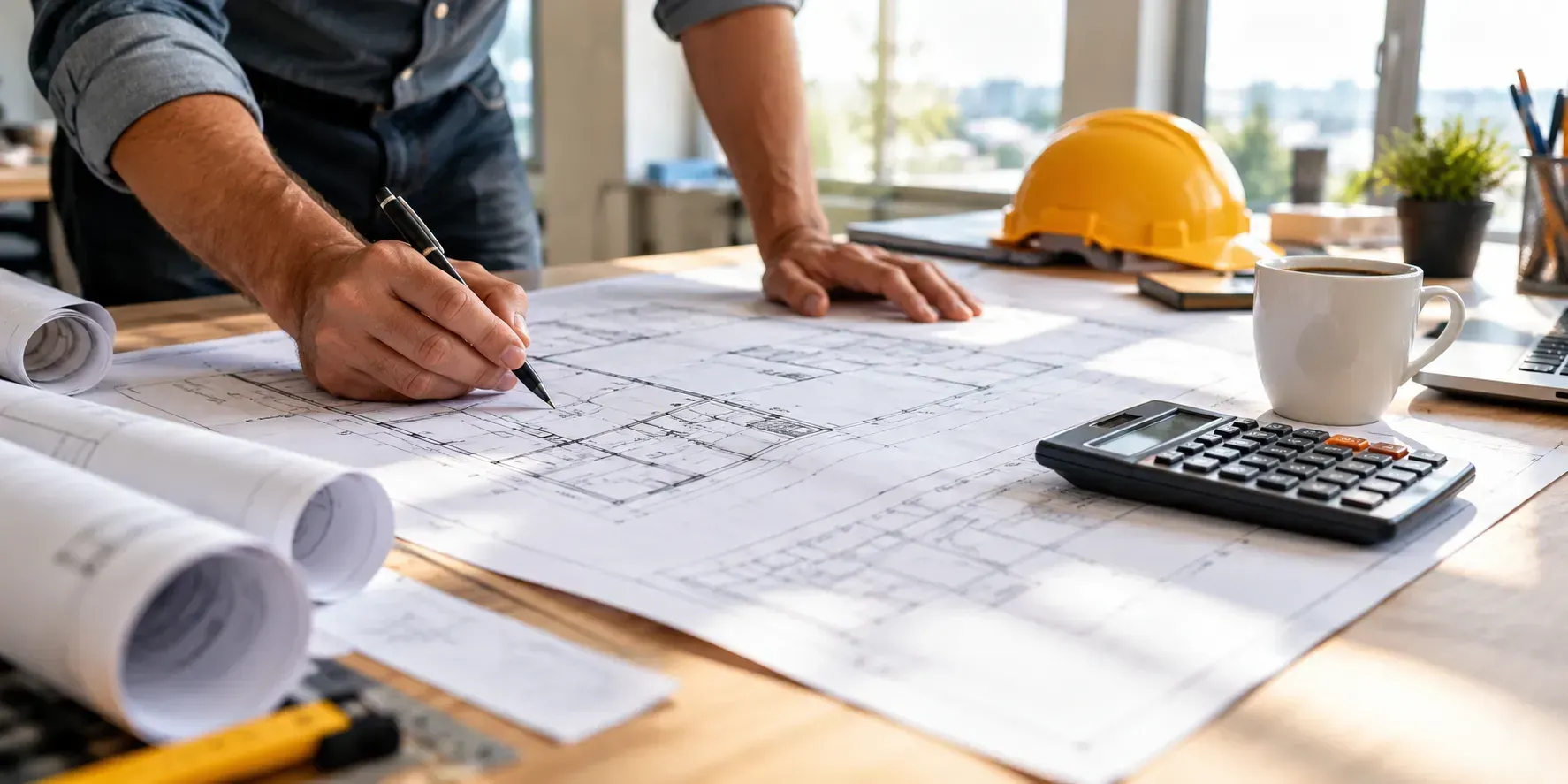 Construction blueprints on a desk with a calculator, coffee cup, and construction professional reviewing plans in a bright office.