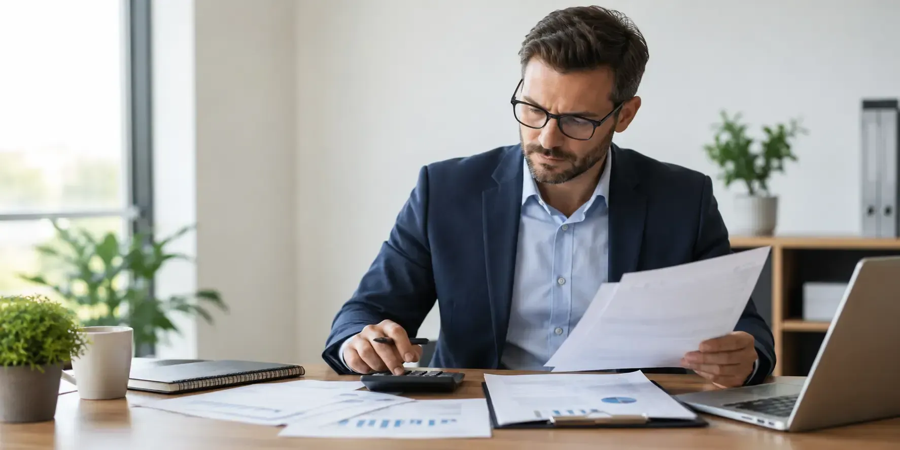 Business professional reviewing financial documents at a desk with a calculator in a modern office.