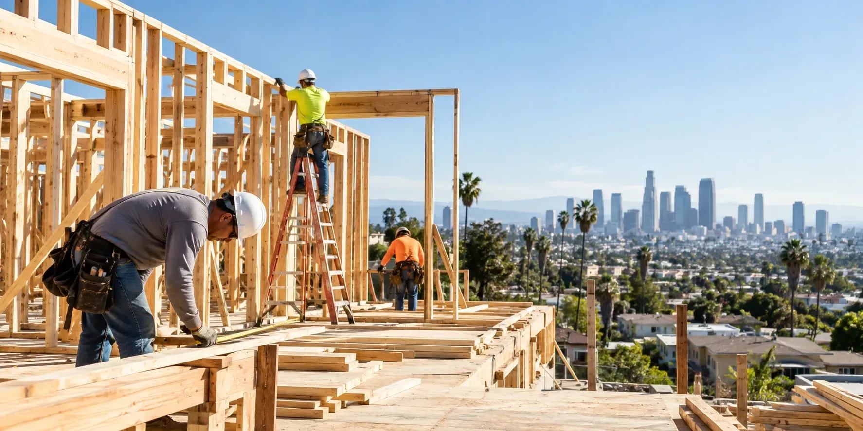 Construction workers framing a new residential property in Los Angeles with the city skyline in the background.