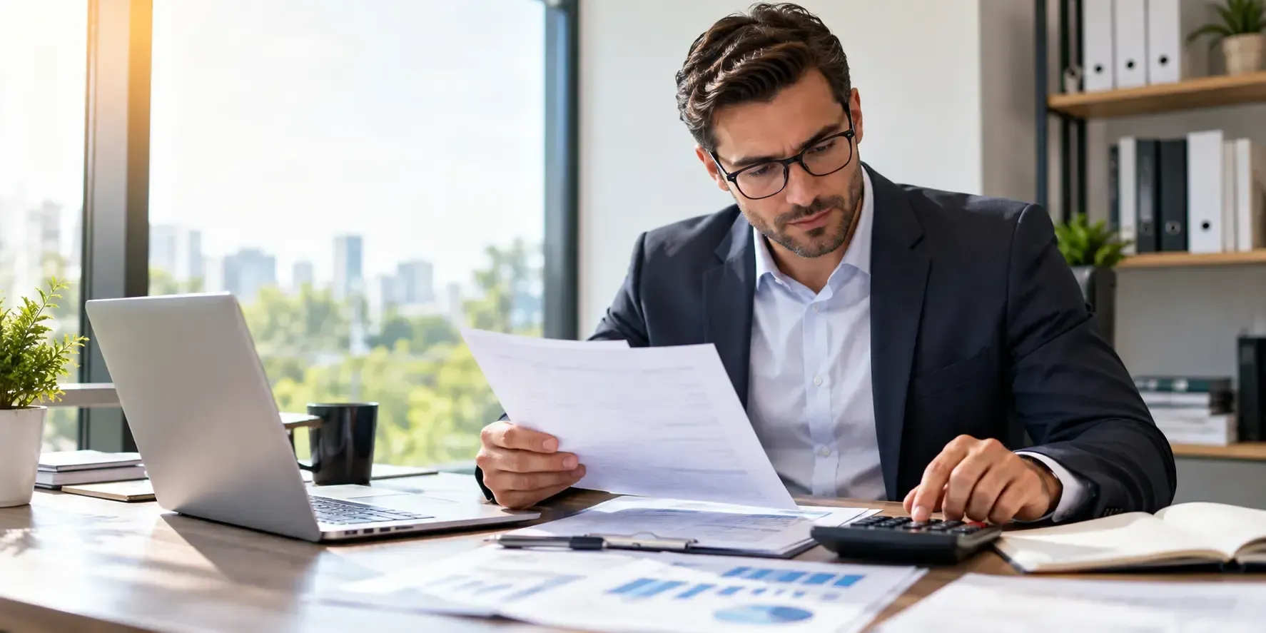 Business professional reviewing financial documents and using a calculator at office desk.