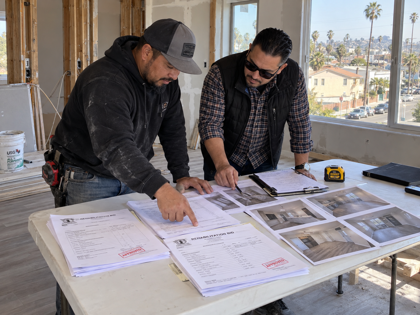 Contractor and investor reviewing stamped rehab bids and unit photos on a folding table inside a partially renovated East Los Angeles duplex