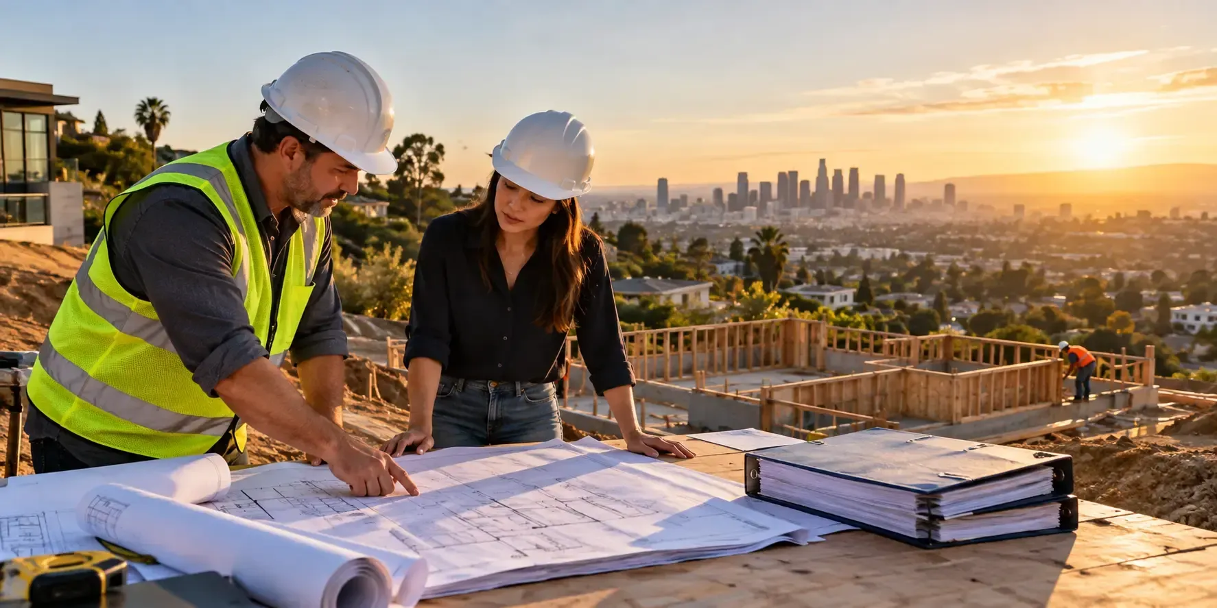 Construction professionals review blueprints at a Los Angeles hillside site at sunset.