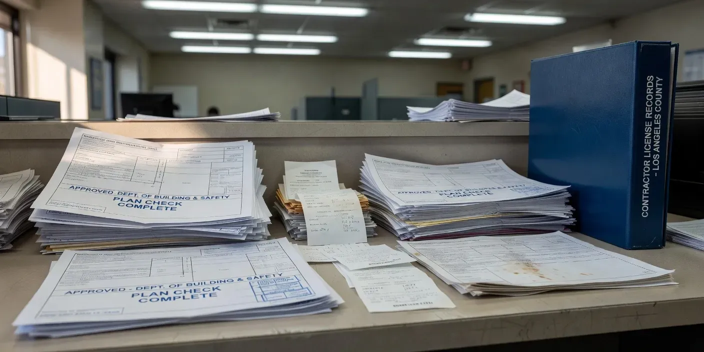 photographic close-up of a Los Angeles County building counter desk with stamped plan sets, permit receipts, and a contractor license binder under fluorescent light